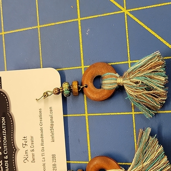 Bronze Metal Tassel Turquoise Accent Earrings 2.5" - Picture 2 of 2